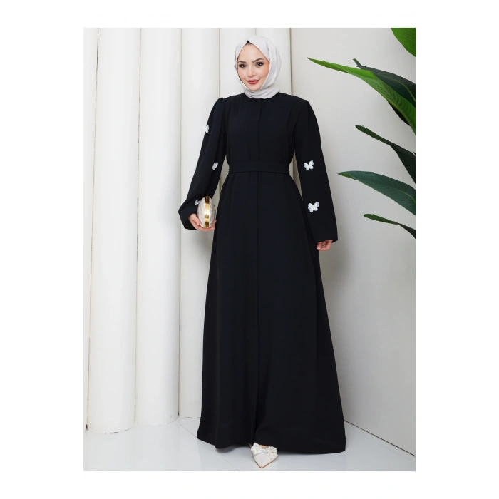 KOLU KELEBEK İŞLEMLİ ABAYA TESETTÜR GIYIM KADIN FERACE ELBISE