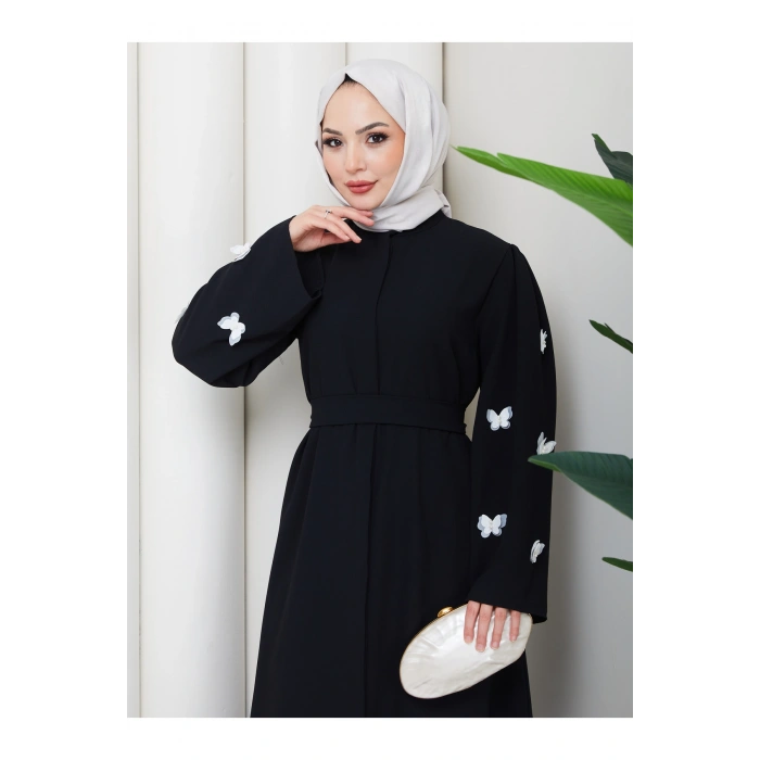 KOLU KELEBEK İŞLEMLİ ABAYA TESETTÜR GIYIM KADIN FERACE ELBISE
