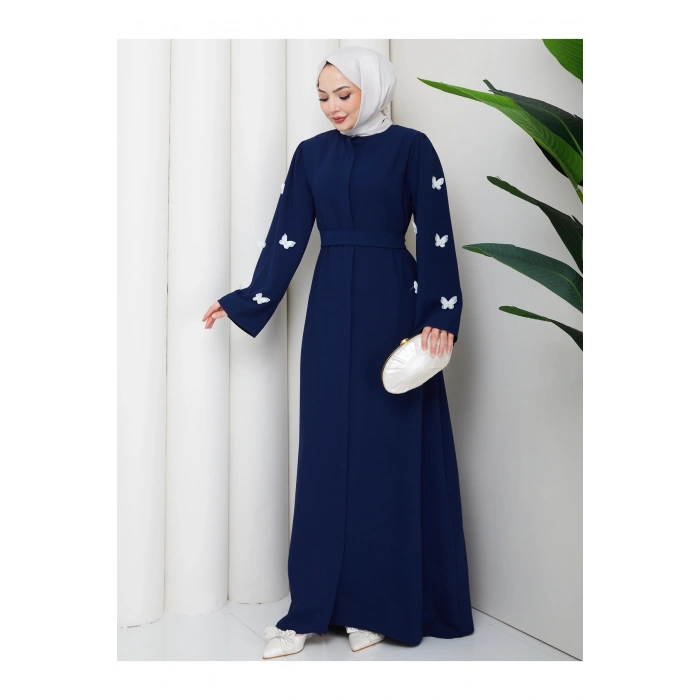KOLU KELEBEK İŞLEMLİ ABAYA TESETTÜR GIYIM KADIN FERACE ELBISE