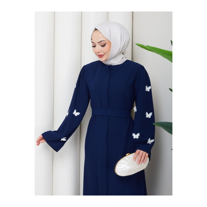 KOLU KELEBEK İŞLEMLİ ABAYA TESETTÜR GIYIM KADIN FERACE ELBISE