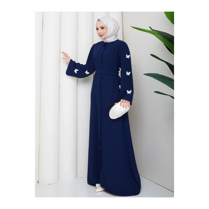 KOLU KELEBEK İŞLEMLİ ABAYA TESETTÜR GIYIM KADIN FERACE ELBISE