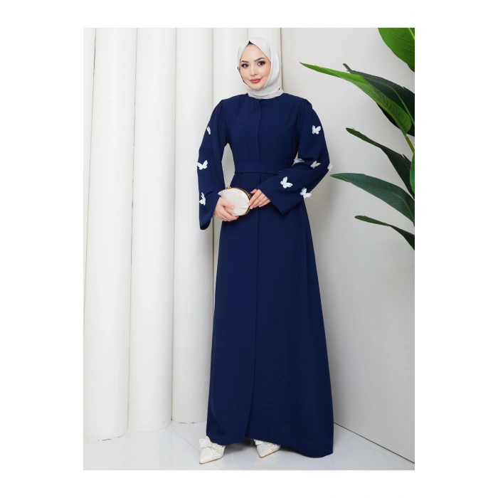 KOLU KELEBEK İŞLEMLİ ABAYA TESETTÜR GIYIM KADIN FERACE ELBISE