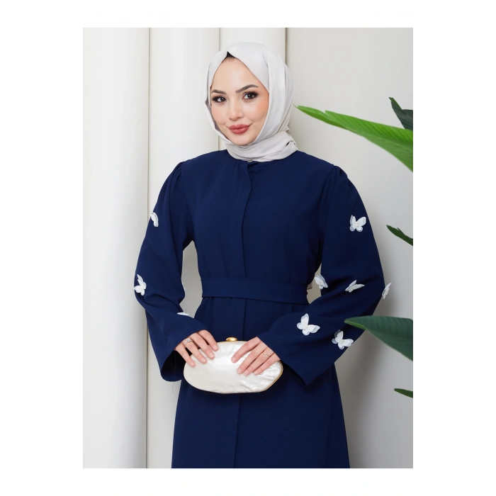 KOLU KELEBEK İŞLEMLİ ABAYA TESETTÜR GIYIM KADIN FERACE ELBISE