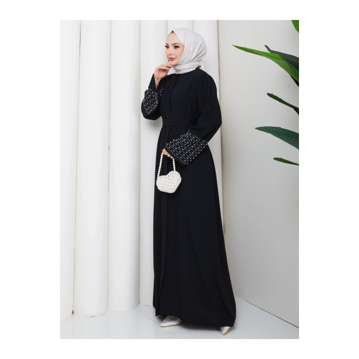 KOLU TAŞLİ ABAYA TESETTÜR GIYIM KADIN FERACE ELBISE