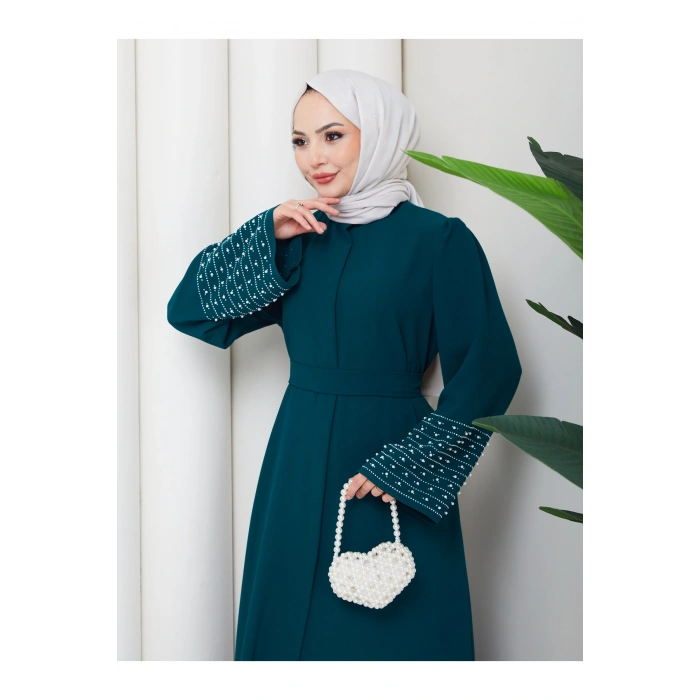 KOLU TAŞLİ ABAYA TESETTÜR GIYIM KADIN FERACE ELBISE