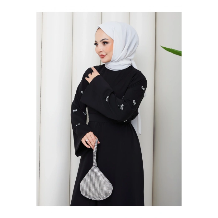 KADIN KOLU TAŞLİ İKİLİ ABİYE TAKIM TESETTÜR ELBİSE İKİ PARÇA