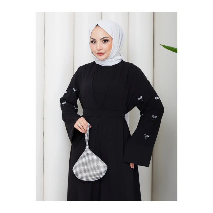 KADIN KOLU TAŞLİ İKİLİ ABİYE TAKIM TESETTÜR ELBİSE İKİ PARÇA