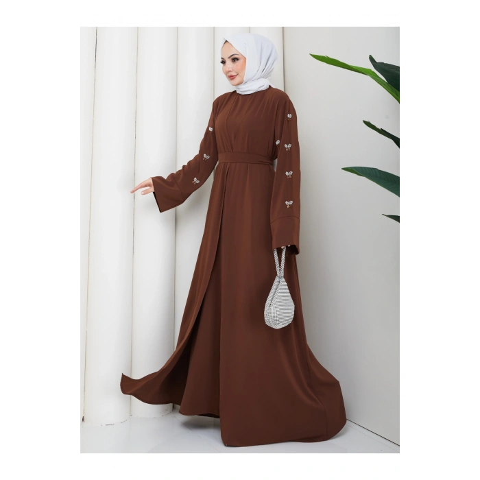 KADIN KOLU TAŞLİ İKİLİ ABİYE TAKIM TESETTÜR ELBİSE İKİ PARÇA