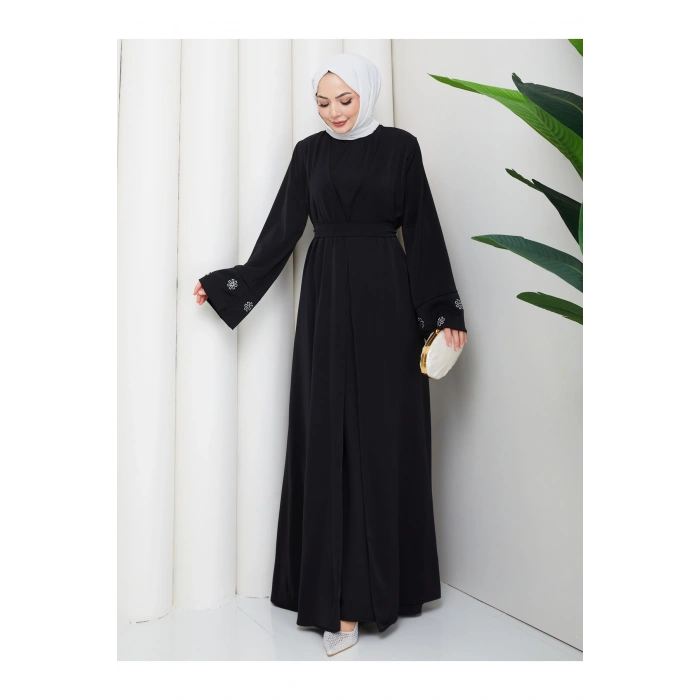 KADIN KOLU NAKŞLİ DETAYLİ İKİLİ ABİYE TESETTÜR ELBİSE İKİ PARÇA