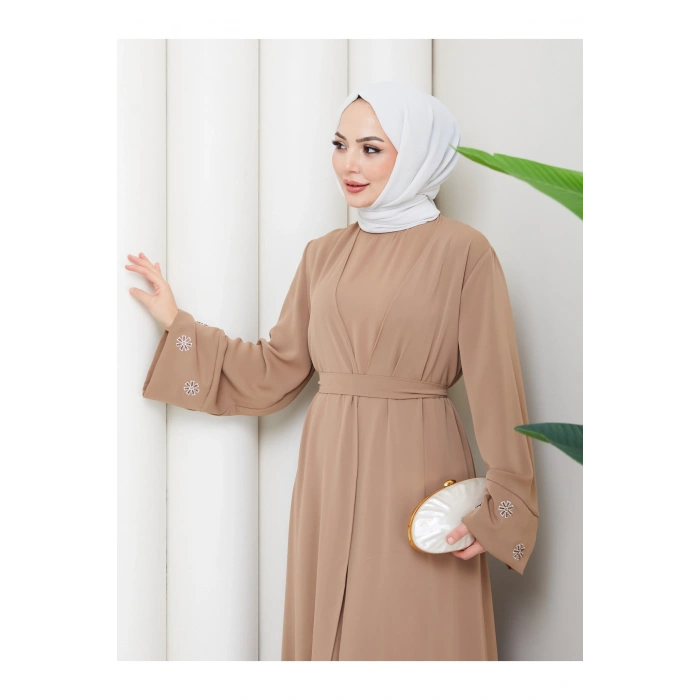 KADIN KOLU NAKŞLİ DETAYLİ İKİLİ ABİYE TESETTÜR ELBİSE İKİ PARÇA