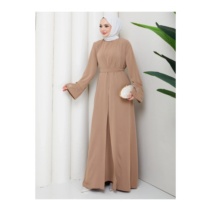 KADIN KOLU NAKŞLİ DETAYLİ İKİLİ ABİYE TESETTÜR ELBİSE İKİ PARÇA