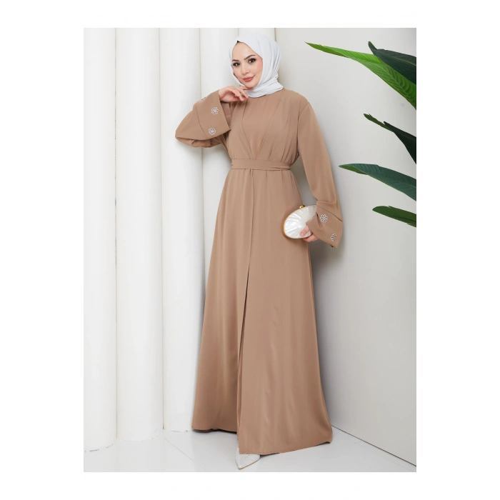 KADIN KOLU NAKŞLİ DETAYLİ İKİLİ ABİYE TESETTÜR ELBİSE İKİ PARÇA