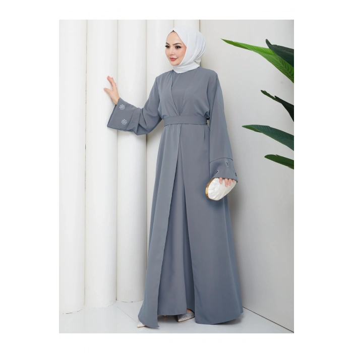 KADIN KOLU NAKŞLİ DETAYLİ İKİLİ ABİYE TESETTÜR ELBİSE İKİ PARÇA