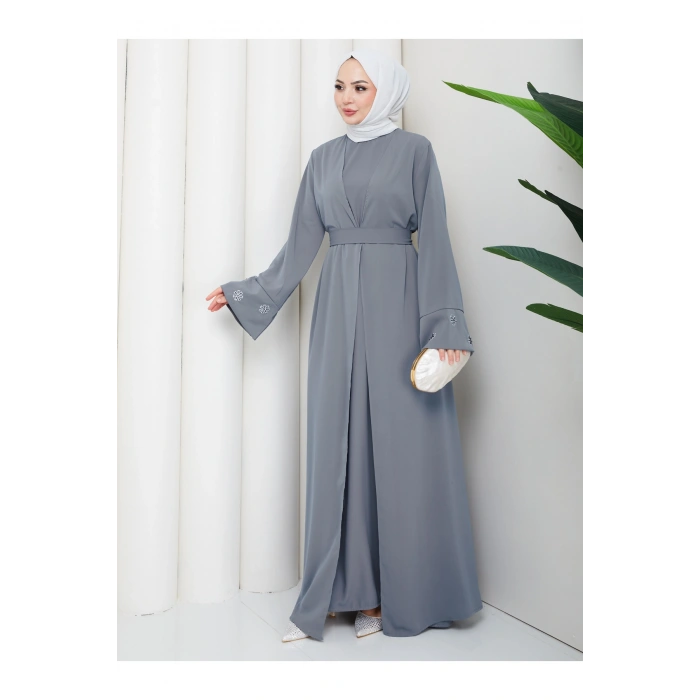 KADIN KOLU NAKŞLİ DETAYLİ İKİLİ ABİYE TESETTÜR ELBİSE İKİ PARÇA