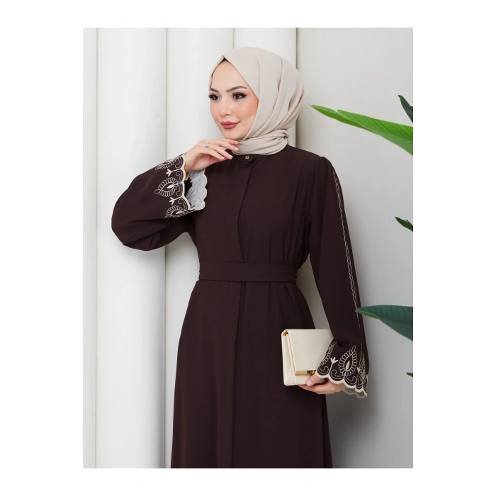 KADIN KOLU NAKİŞLİ ABAYA TESETTÜR GIYIM KADIN FERACE ELBISE