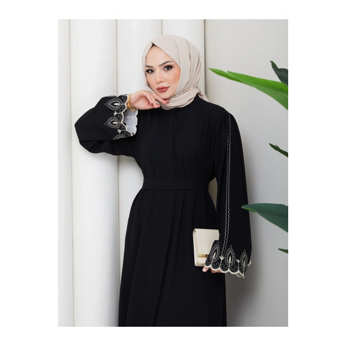 KADIN KOLU NAKİŞLİ ABAYA TESETTÜR GIYIM KADIN FERACE ELBISE