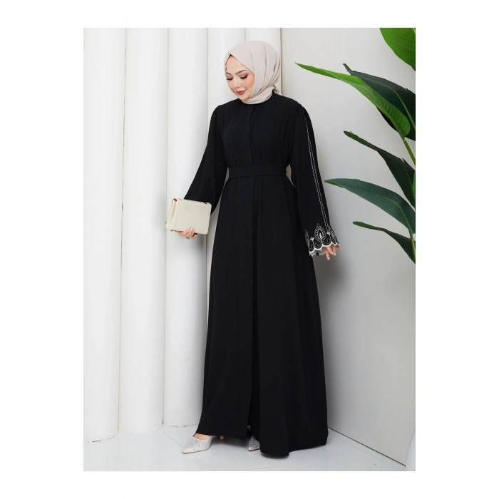 KADIN KOLU NAKİŞLİ ABAYA TESETTÜR GIYIM KADIN FERACE ELBISE