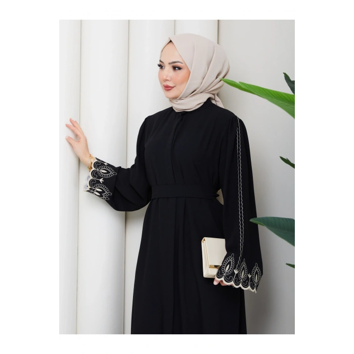 KADIN KOLU NAKİŞLİ ABAYA TESETTÜR GIYIM KADIN FERACE ELBISE