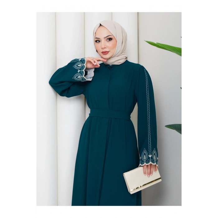 KADIN KOLU NAKİŞLİ ABAYA TESETTÜR GIYIM KADIN FERACE ELBISE