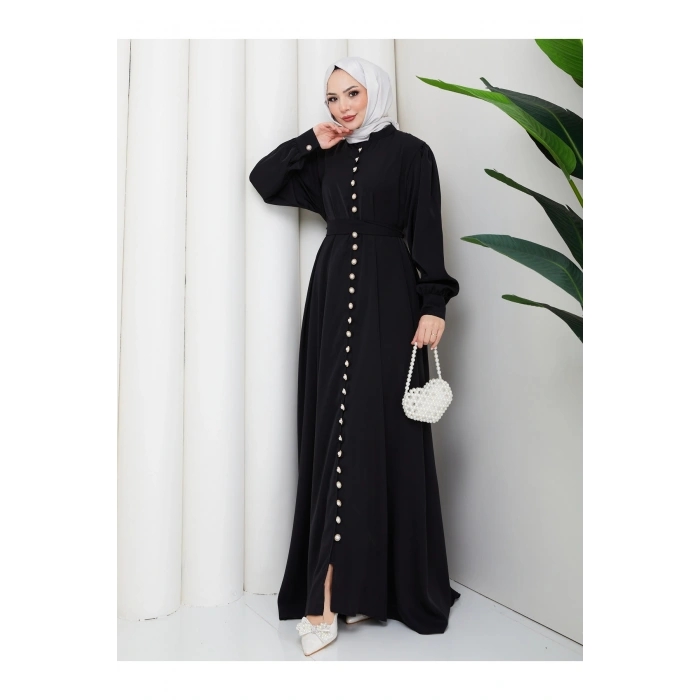 KADIN DÜĞMELE DETAYLI KEMERLİ ELBİSE TESETTÜR