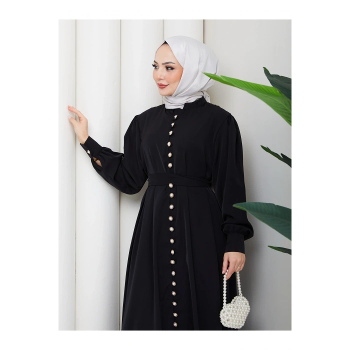 KADIN DÜĞMELE DETAYLI KEMERLİ ELBİSE TESETTÜR