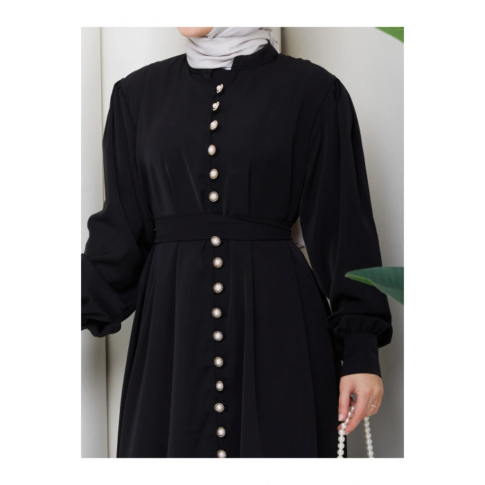 KADIN DÜĞMELE DETAYLI KEMERLİ ELBİSE TESETTÜR