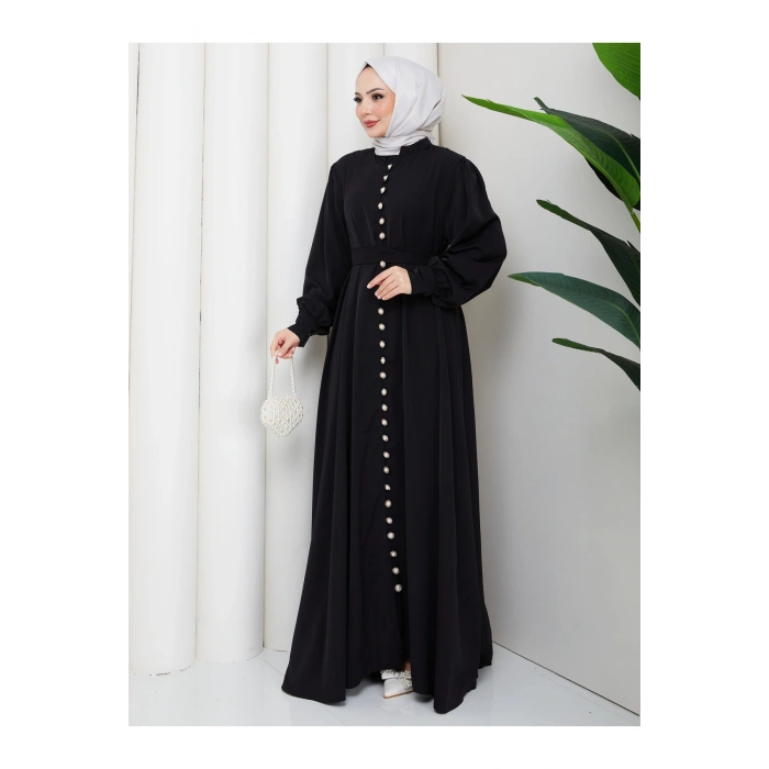 KADIN DÜĞMELE DETAYLI KEMERLİ ELBİSE TESETTÜR