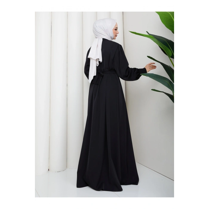 KADIN DÜĞMELE DETAYLI KEMERLİ ELBİSE TESETTÜR