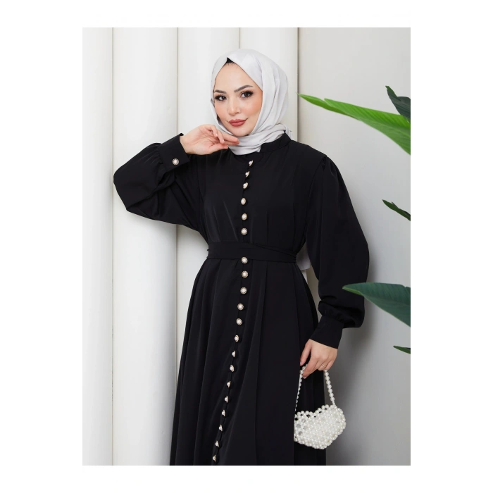 KADIN DÜĞMELE DETAYLI KEMERLİ ELBİSE TESETTÜR