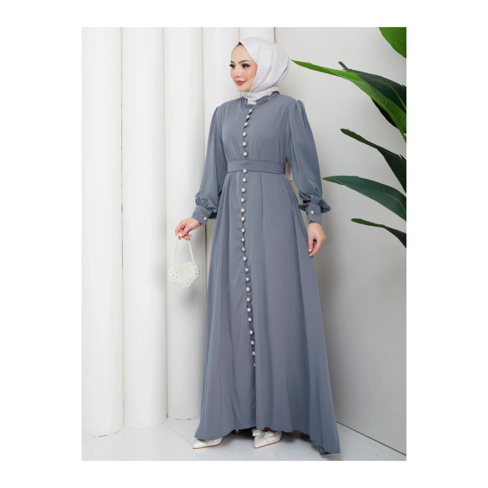 KADIN DÜĞMELE DETAYLI KEMERLİ ELBİSE TESETTÜR