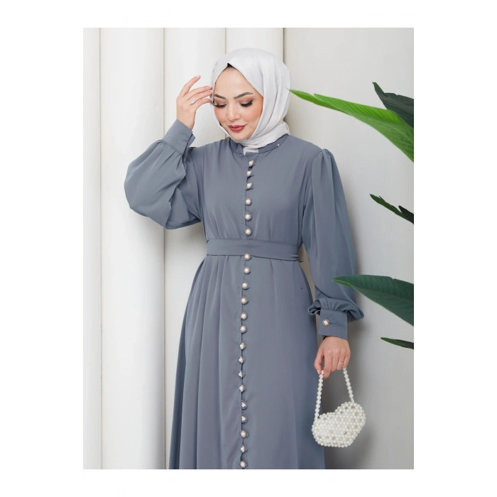 KADIN DÜĞMELE DETAYLI KEMERLİ ELBİSE TESETTÜR