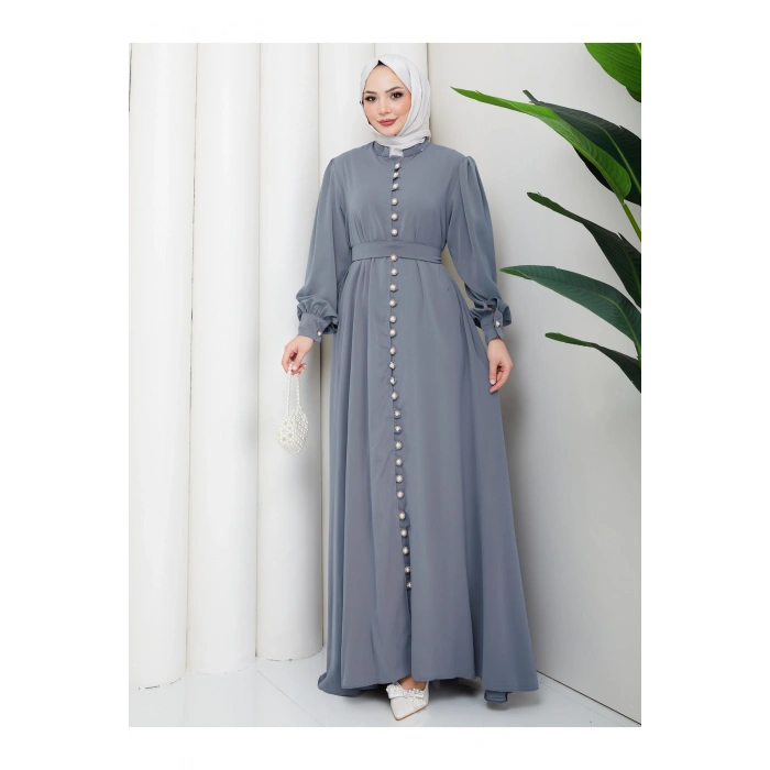 KADIN DÜĞMELE DETAYLI KEMERLİ ELBİSE TESETTÜR