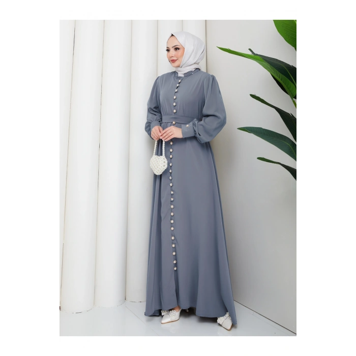 KADIN DÜĞMELE DETAYLI KEMERLİ ELBİSE TESETTÜR