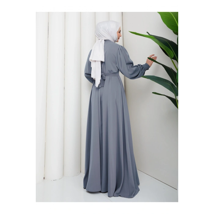 KADIN DÜĞMELE DETAYLI KEMERLİ ELBİSE TESETTÜR