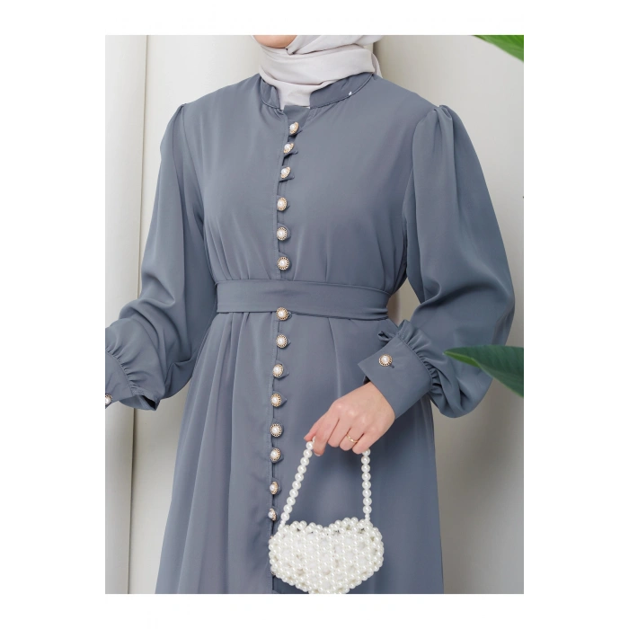 KADIN DÜĞMELE DETAYLI KEMERLİ ELBİSE TESETTÜR