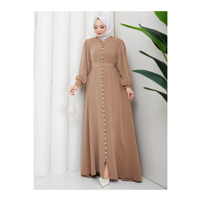KADIN DÜĞMELE DETAYLI KEMERLİ ELBİSE TESETTÜR