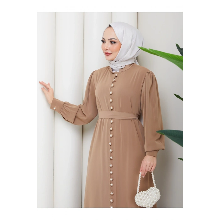 KADIN DÜĞMELE DETAYLI KEMERLİ ELBİSE TESETTÜR