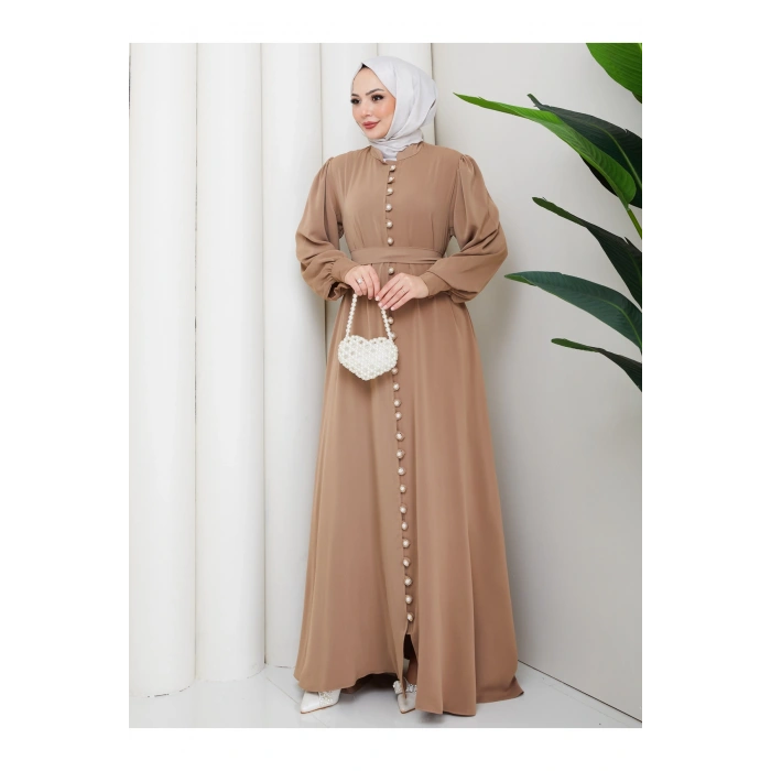KADIN DÜĞMELE DETAYLI KEMERLİ ELBİSE TESETTÜR