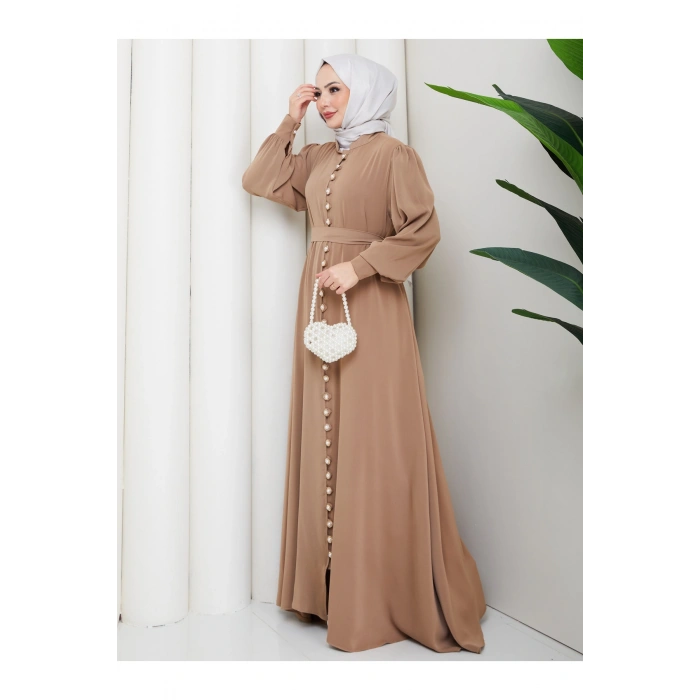 KADIN DÜĞMELE DETAYLI KEMERLİ ELBİSE TESETTÜR
