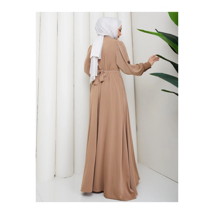 KADIN DÜĞMELE DETAYLI KEMERLİ ELBİSE TESETTÜR