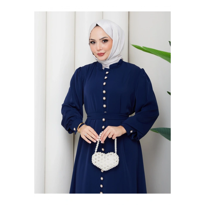 KADIN DÜĞMELE DETAYLI KEMERLİ ELBİSE TESETTÜR