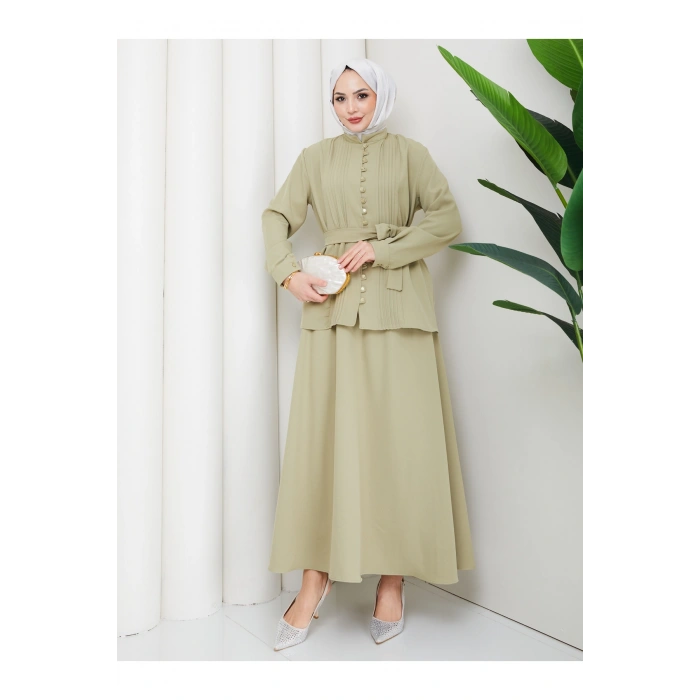 KADIN BRİT DÜĞMELİ KUŞAKLI ETEKLİ İKİLİ TAKIM TESETTÜR