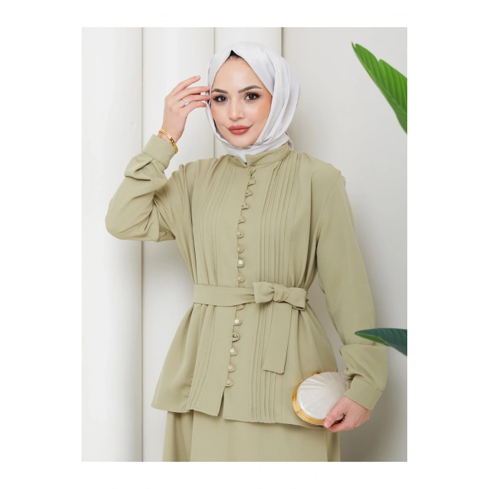 KADIN BRİT DÜĞMELİ KUŞAKLI ETEKLİ İKİLİ TAKIM TESETTÜR