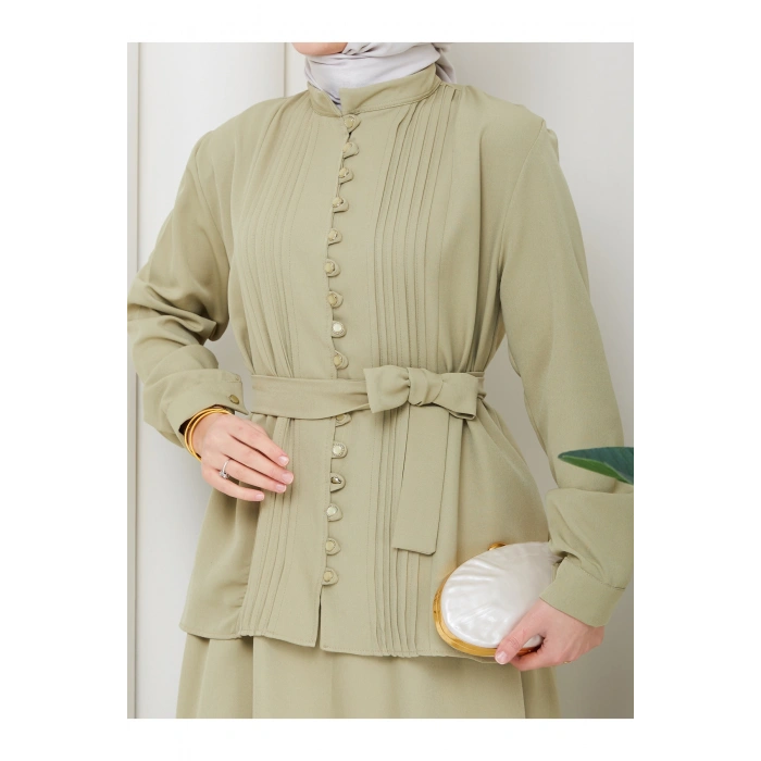 KADIN BRİT DÜĞMELİ KUŞAKLI ETEKLİ İKİLİ TAKIM TESETTÜR