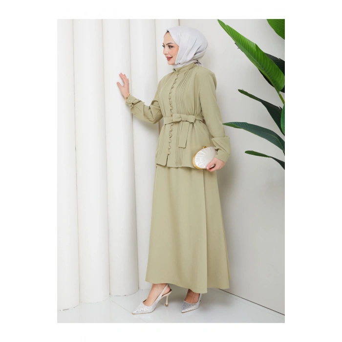 KADIN BRİT DÜĞMELİ KUŞAKLI ETEKLİ İKİLİ TAKIM TESETTÜR