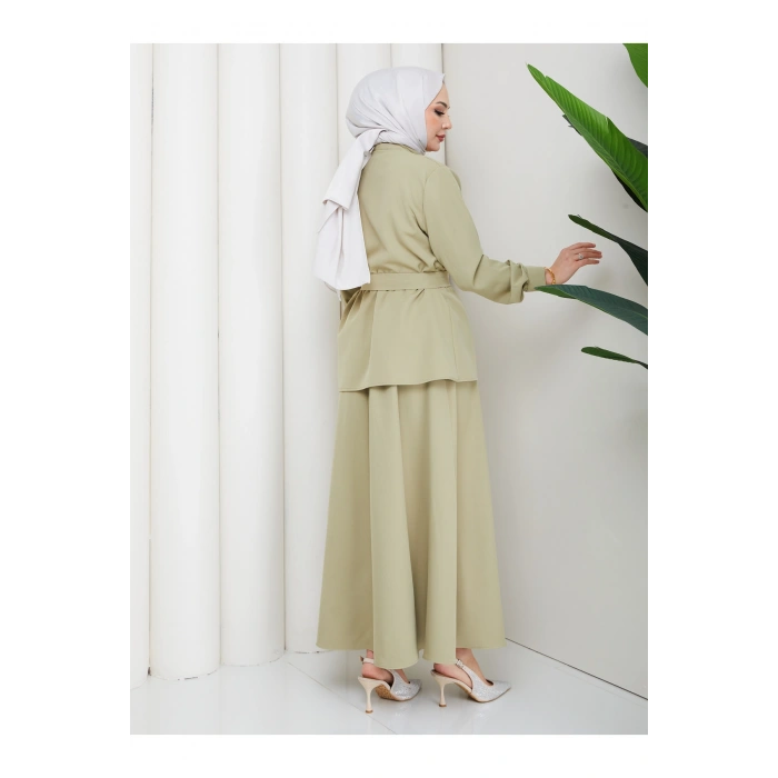 KADIN BRİT DÜĞMELİ KUŞAKLI ETEKLİ İKİLİ TAKIM TESETTÜR