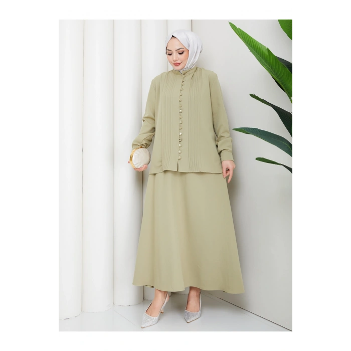 KADIN BRİT DÜĞMELİ KUŞAKLI ETEKLİ İKİLİ TAKIM TESETTÜR