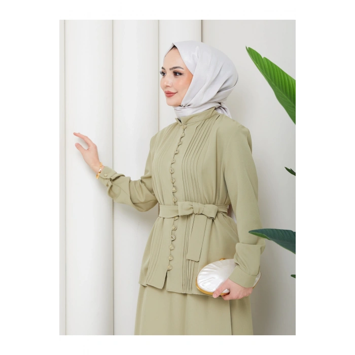 KADIN BRİT DÜĞMELİ KUŞAKLI ETEKLİ İKİLİ TAKIM TESETTÜR