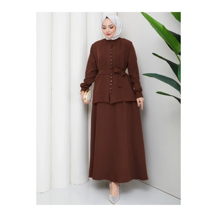 KADIN BRİT DÜĞMELİ KUŞAKLI ETEKLİ İKİLİ TAKIM TESETTÜR
