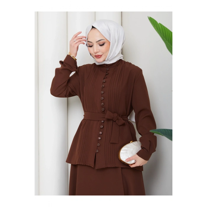 KADIN BRİT DÜĞMELİ KUŞAKLI ETEKLİ İKİLİ TAKIM TESETTÜR